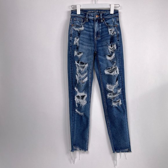 AE American Eagle Mom Jean Distressed Destroyed Mid Rise Stretch Denim Size 0 - Picture 2 of 13